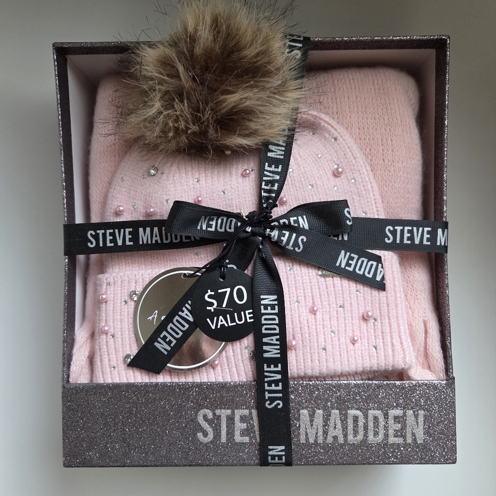 Steve Madden Pink Beanie & Scarf Set with Pom Pom